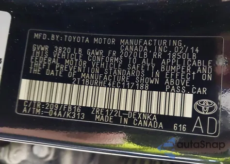 2014 Toyota Corolla Le Plus z USA, uszkodzony, nr VIN 2T1BURHE4EC117188